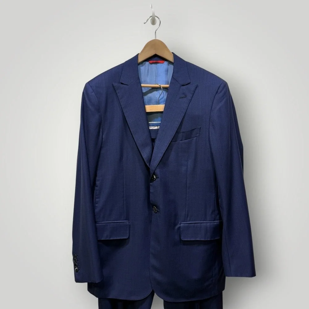 Isaia Napoli Men Blue Pinstripe 160's Aquaspider Wool‎ Suit 52 IT 42 US 8R